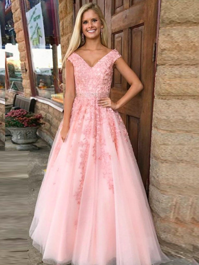 A Line V Neck Pink Lace Prom Dress ...